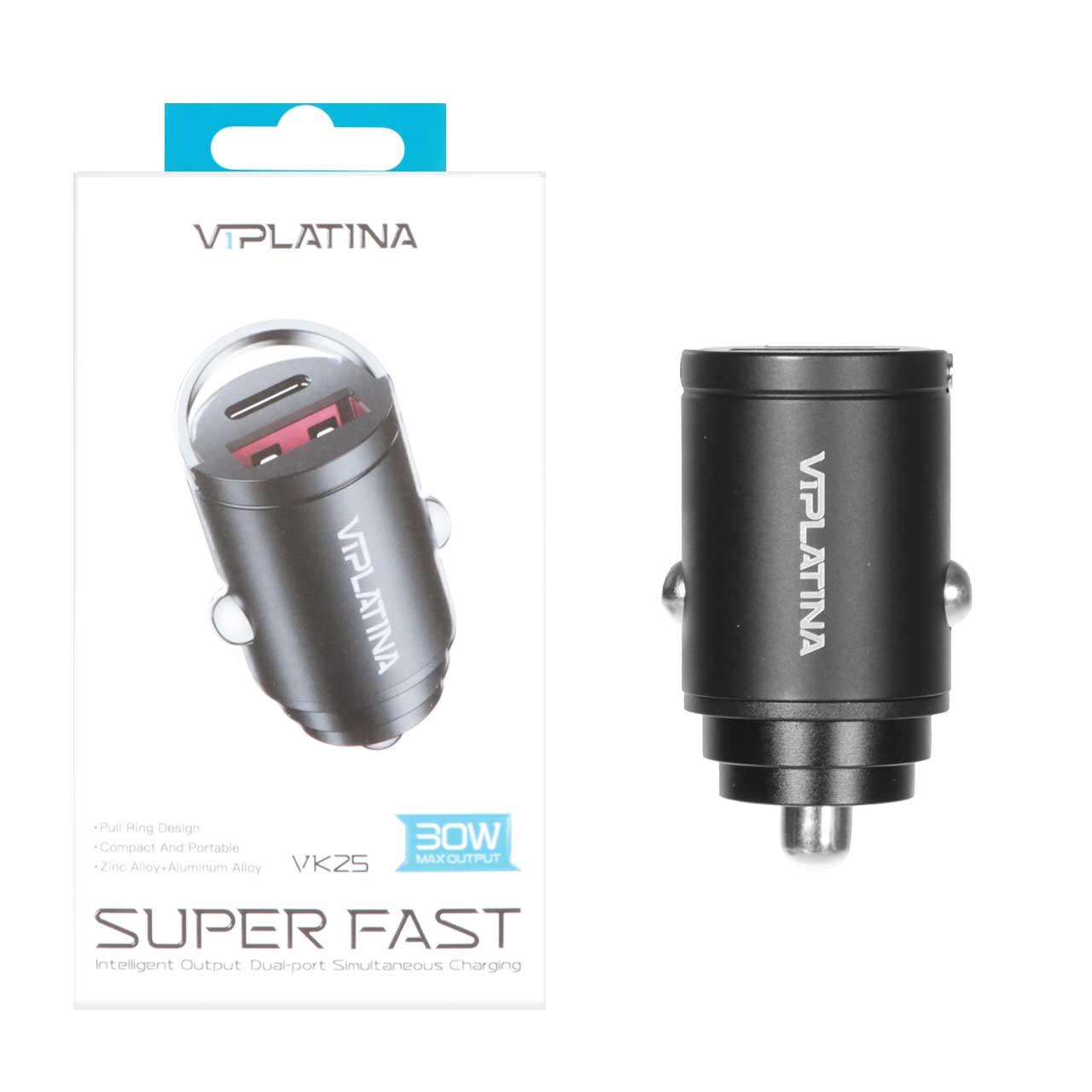 شارژر فندکی PD و فست دو پورت VIPLATINA مدل VK25 30W - مشکی (گارانتی 18 ماه تعویض نیکان همراه)